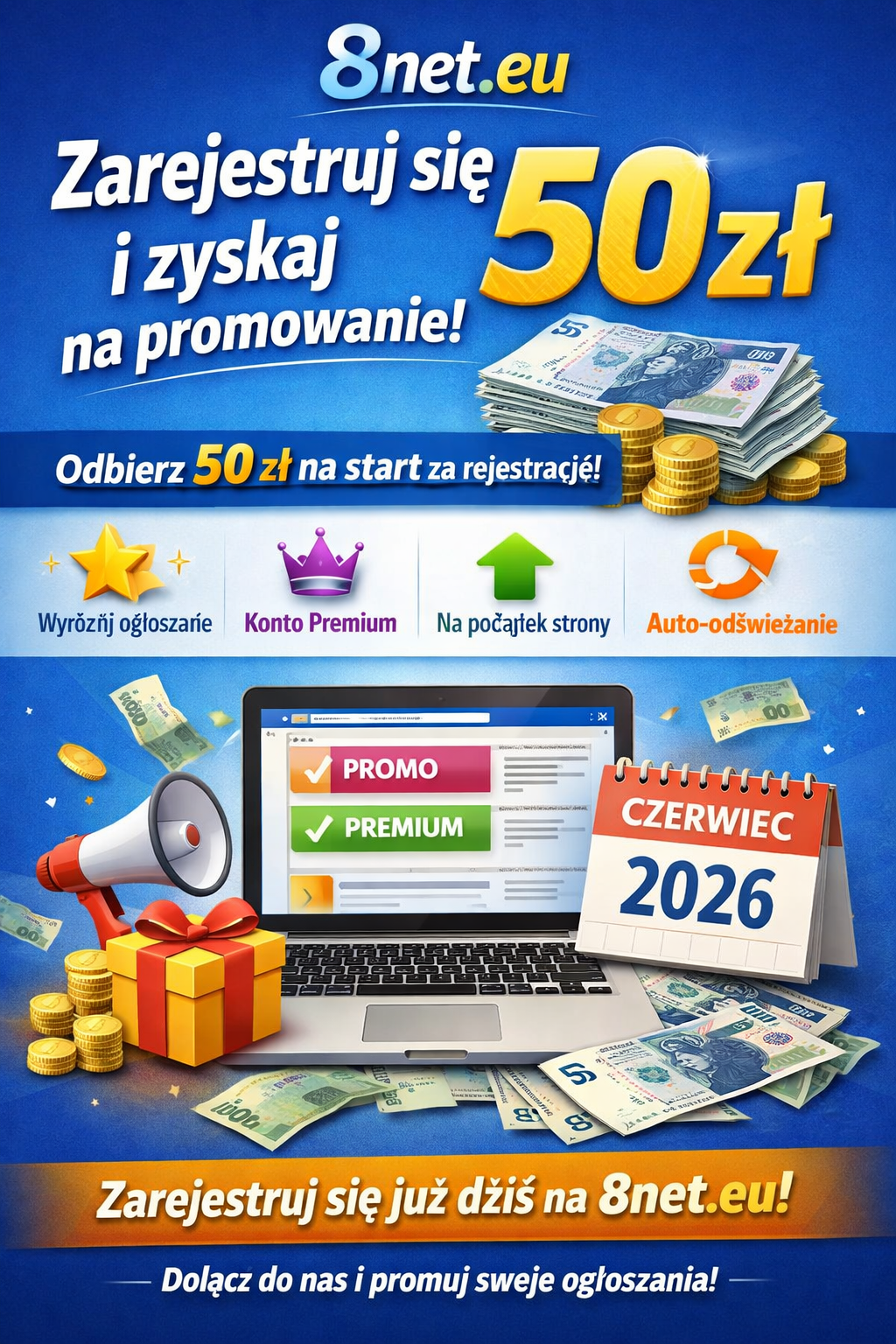 Zarejestruj się w 8net.eu i odbierz 50 zł na promowanie ogłoszeń